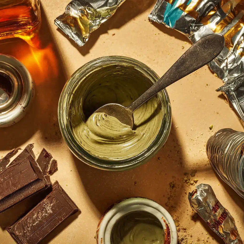 Finished pistachio cream recipe in jar with spoon