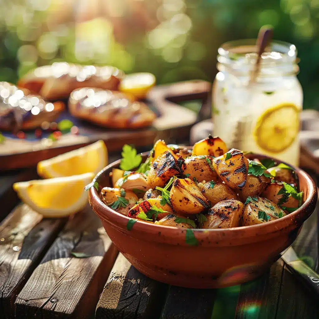 Mixing creamy potato salad in a glass bowl with visible herbs