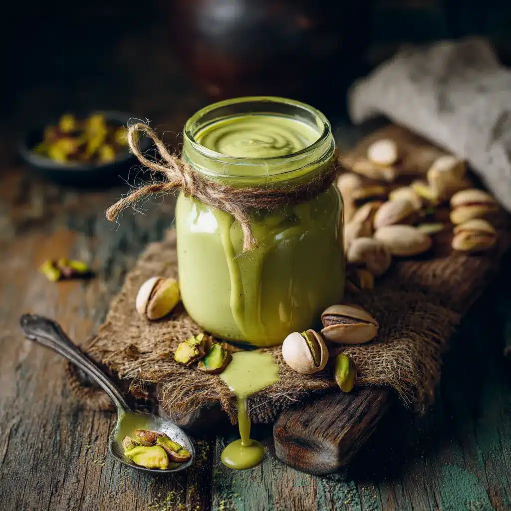 Homemade pistachio cream recipe in jar with pistachios