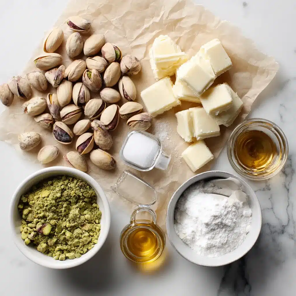 Ingredients for pistachio cream recipe displayed on marble
