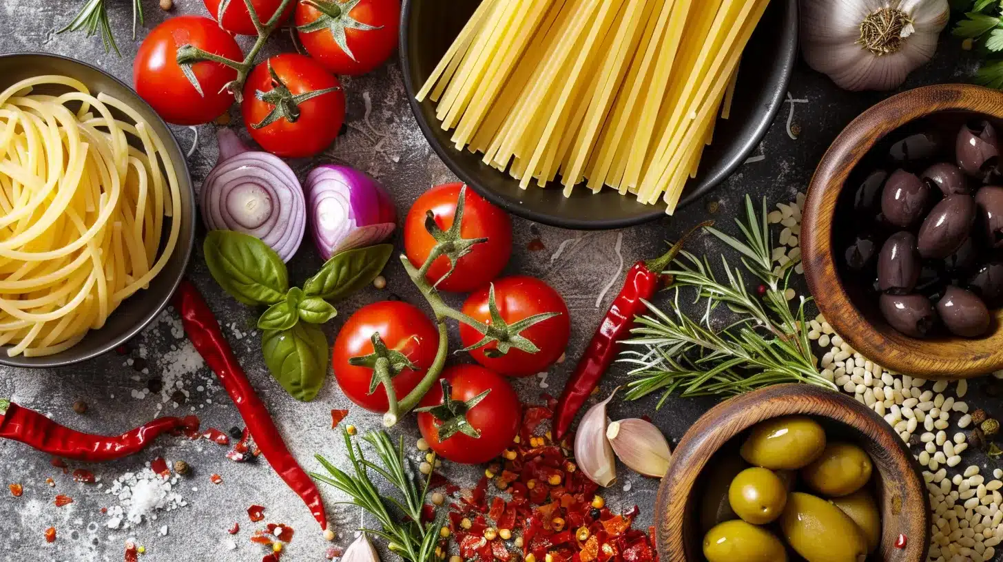 Ingredients for spaghetti salad recipe laid out on table