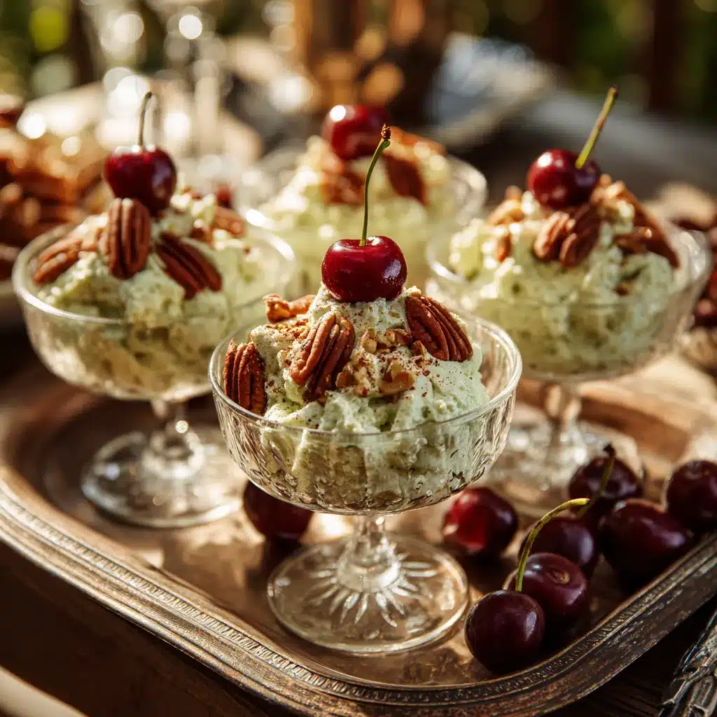 pistachio fluff recipe served in dessert cups with pecans and cherries