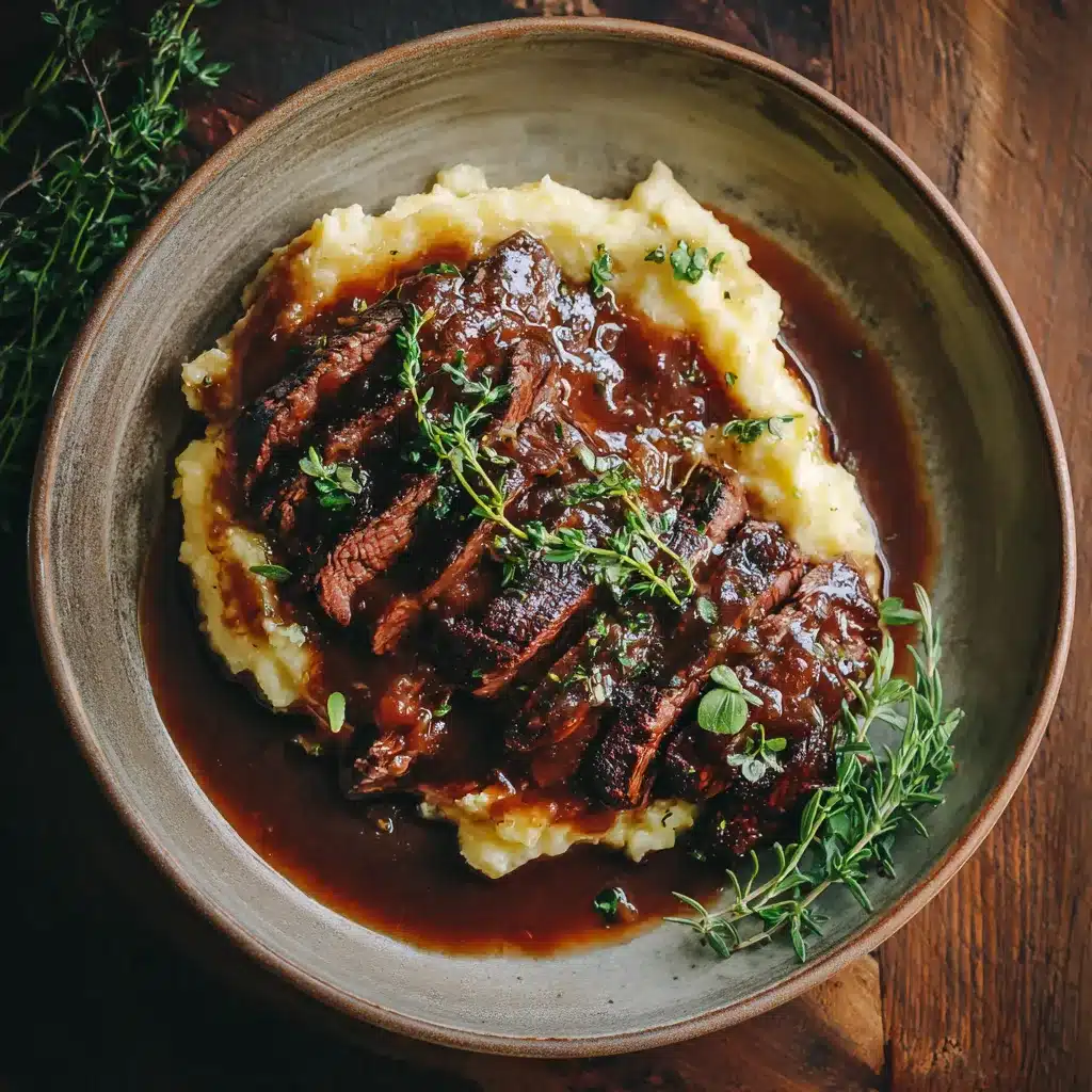 serving beef blade meat with mashed potatoes