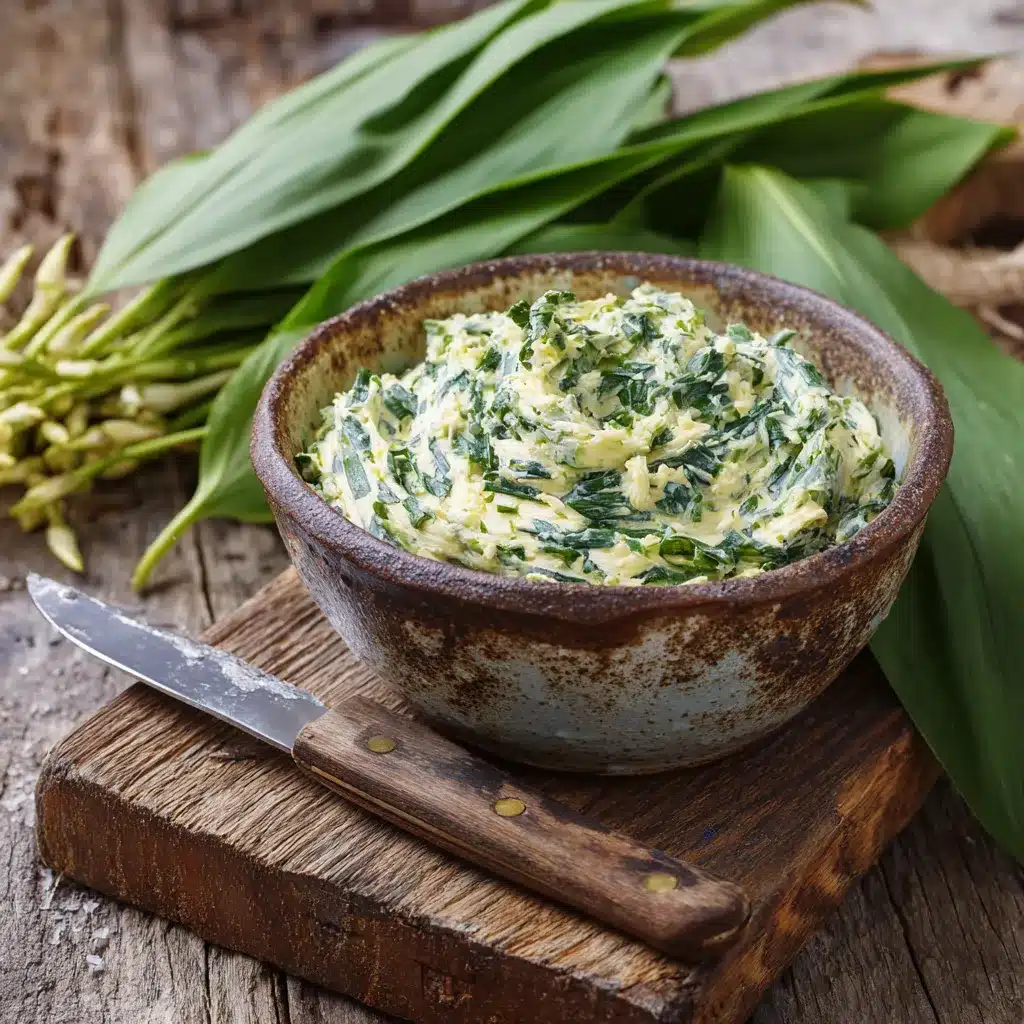 ramp butter in rustic bowl with wild garlic