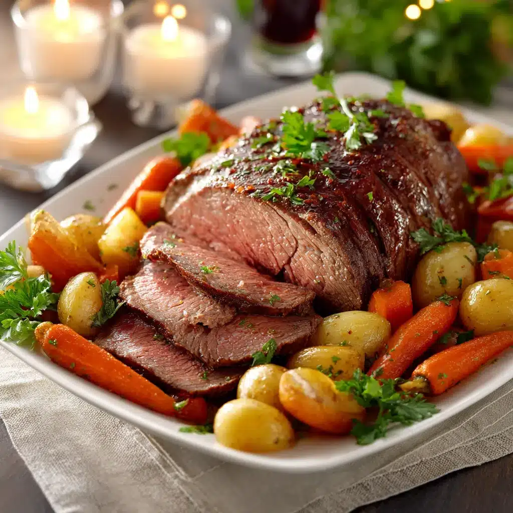 Beef sirloin roast crock pot recipe served with vegetables