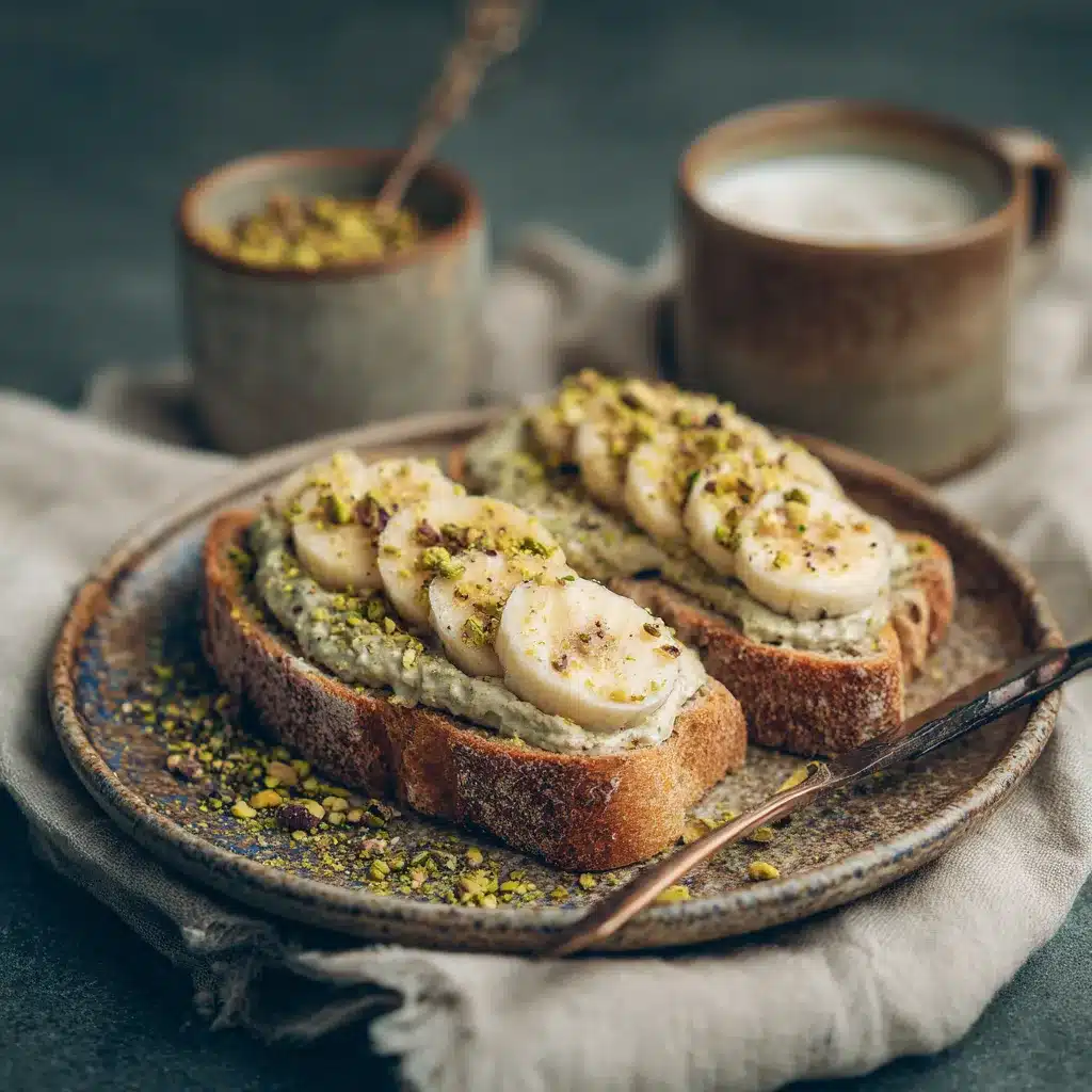 Pistachio cream spread on toast with banana