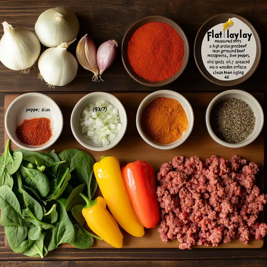 ingredients for ground beef high protein recipes laid out on table