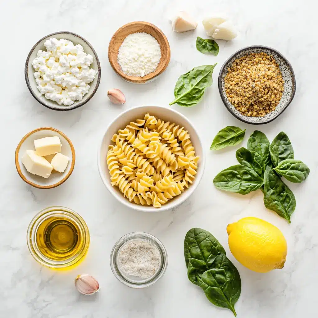 Ingredients for high protein cottage cheese pasta on marble surface