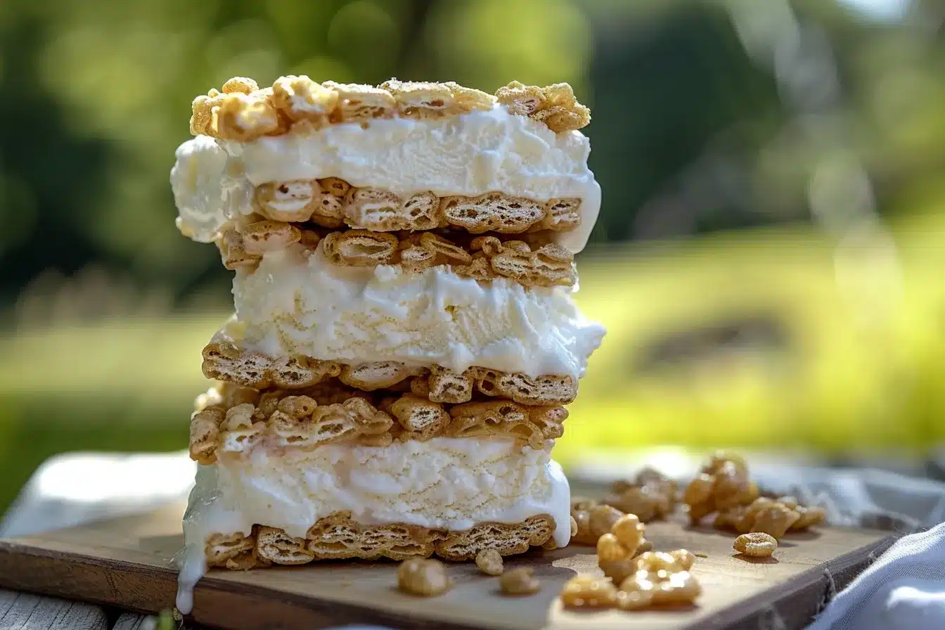 Rice Krispie Ice Cream Sandwiches stacked on summer table