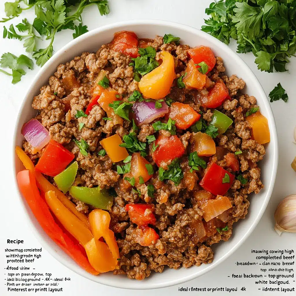 recipe card layout of high protein ground beef dish