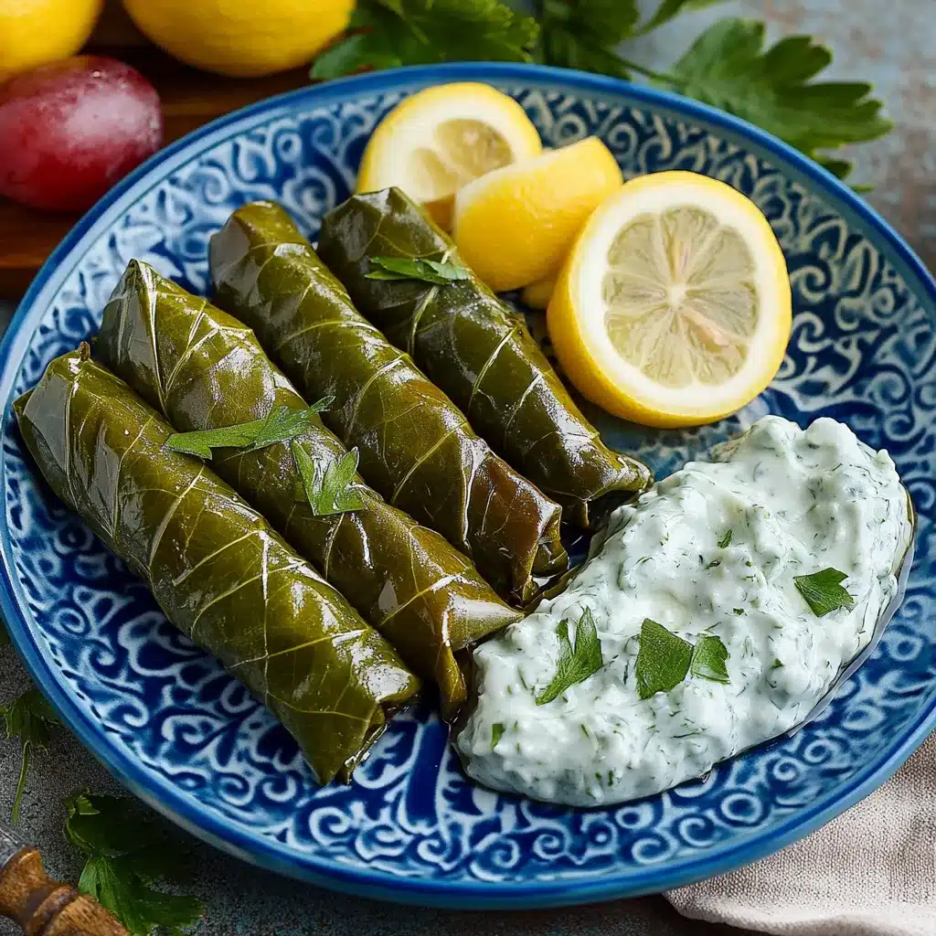 Greek stuffed grape leaves served with tzatziki