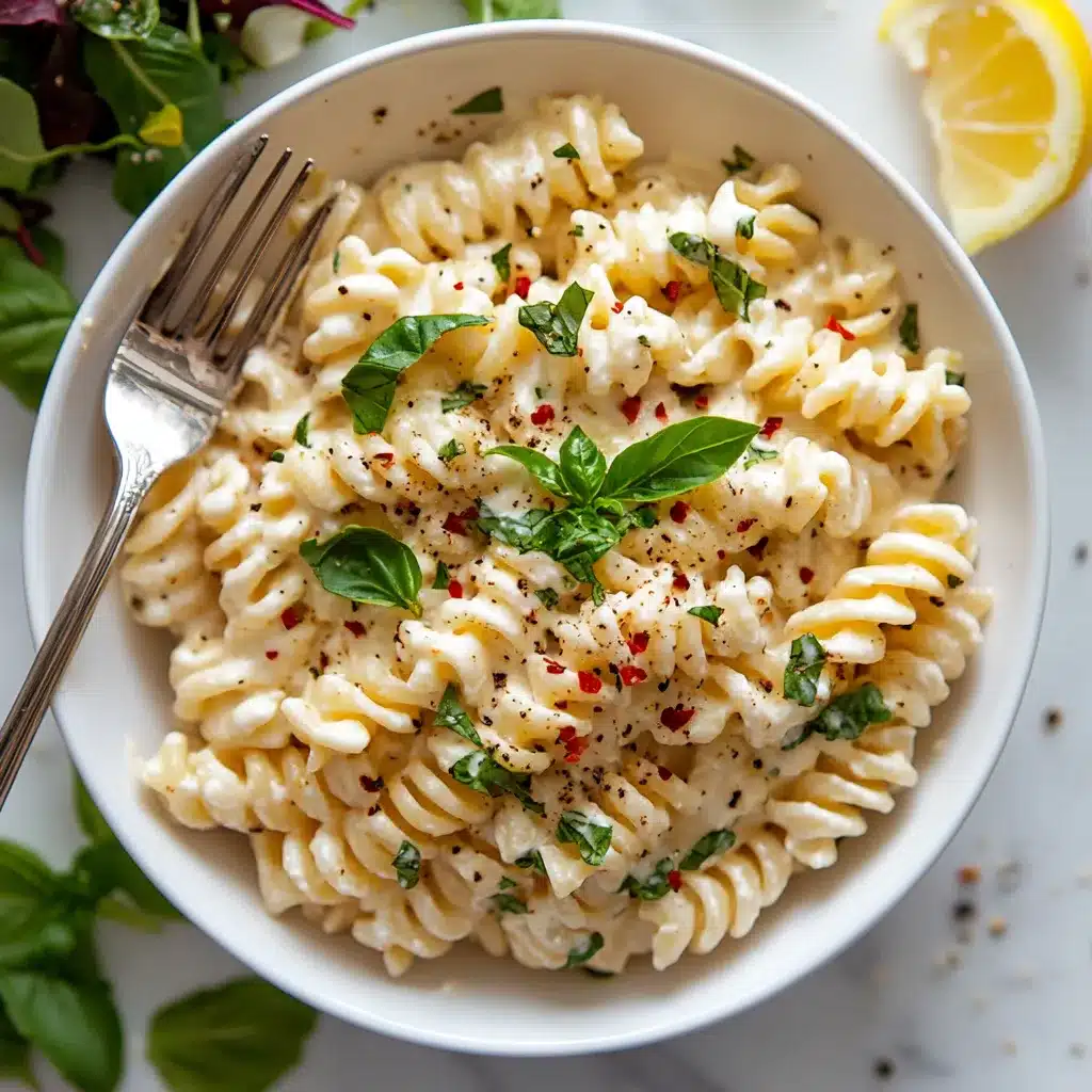Served bowl of high protein cottage cheese pasta with basil
