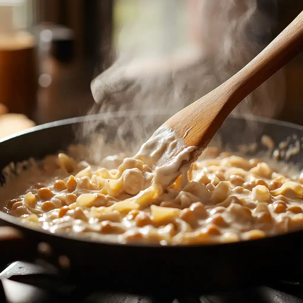 Protein pasta being stirred in skillet with cottage cheese sauce