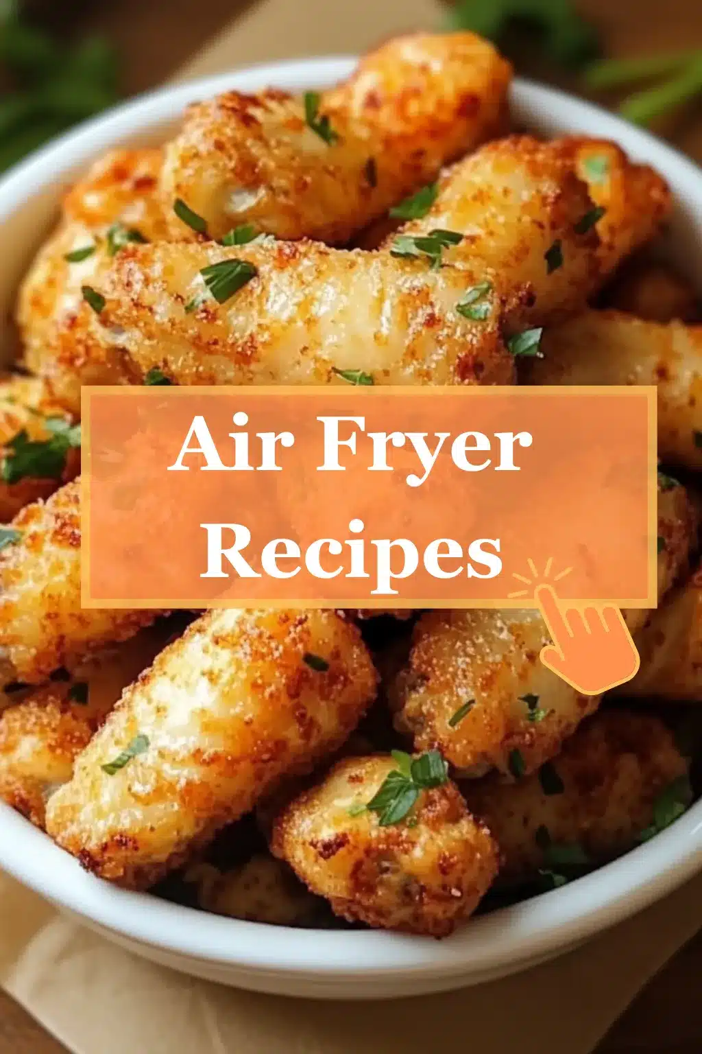 Crispy air fryer chicken tenders with vegetables in a white bowl