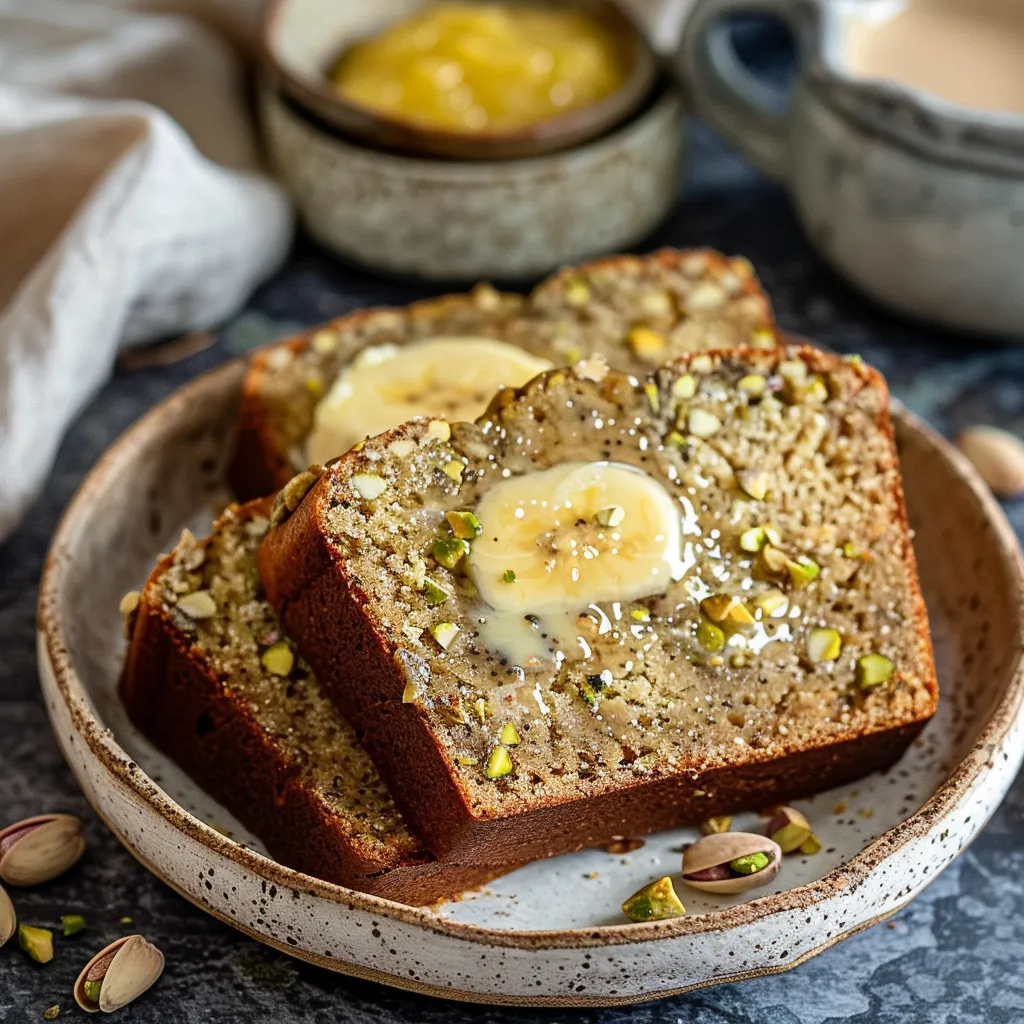 Banana bread served with butter and pistachio paste