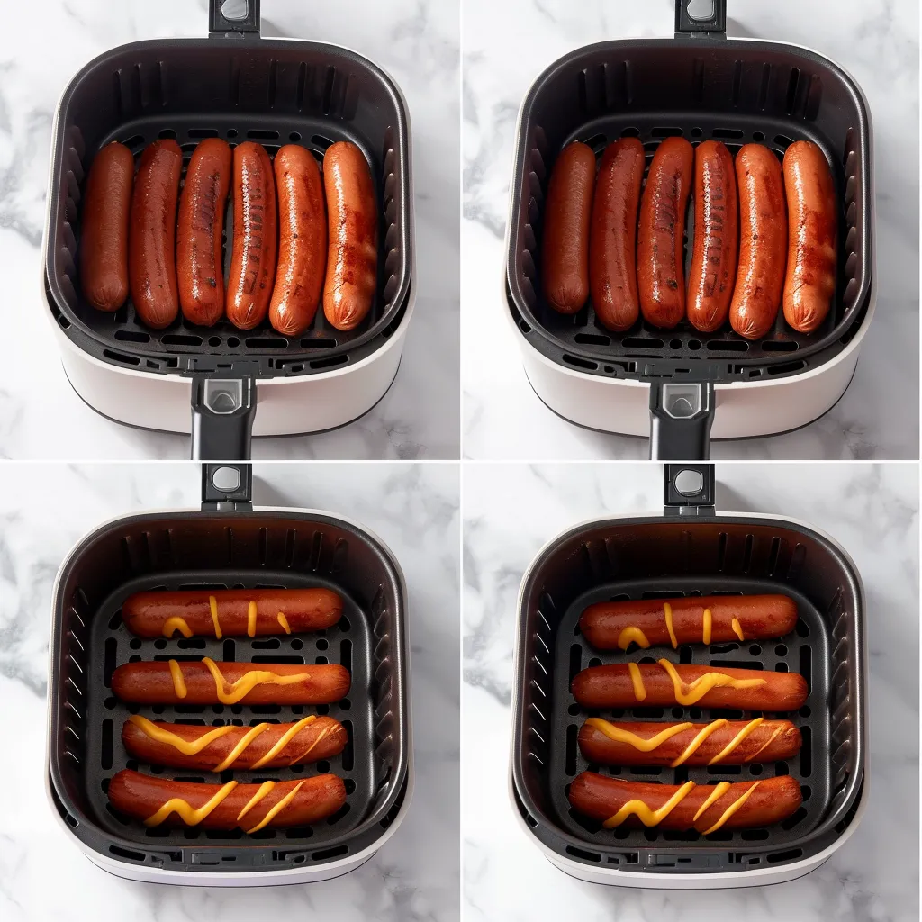 Hot dogs cooking in air fryer basket for air fryer hot dog recipe
