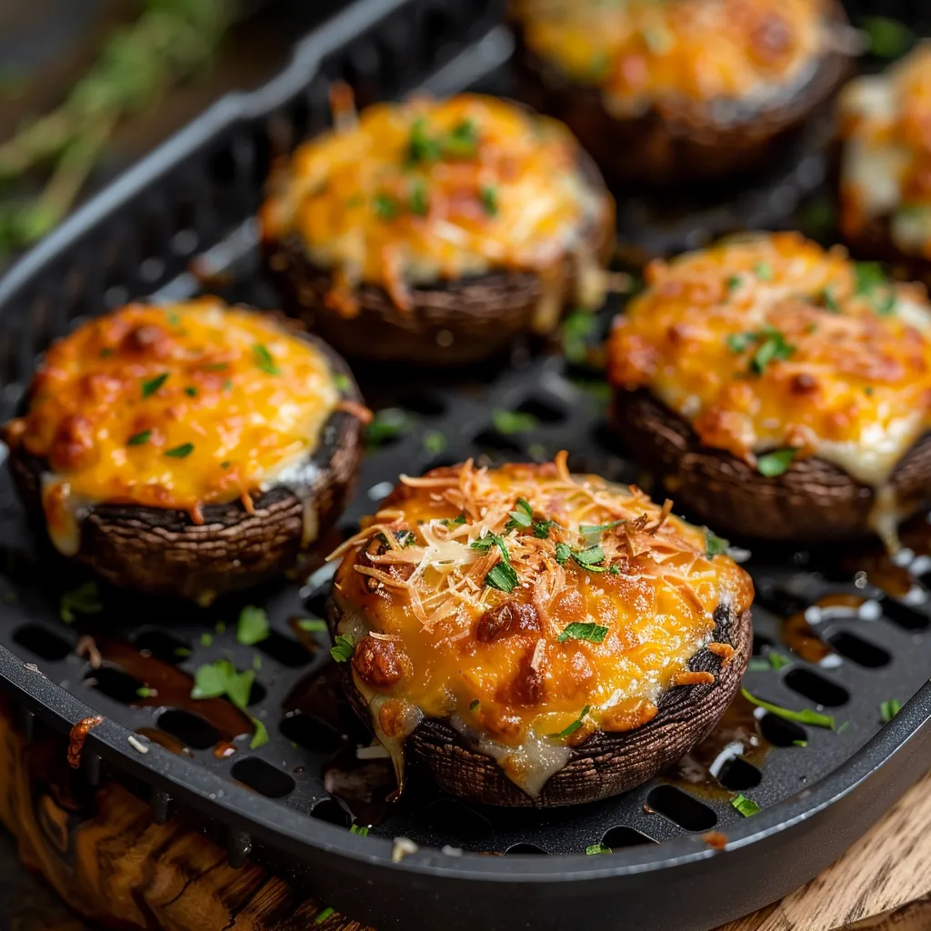 Mushrooms placed in air fryer basket before cooking