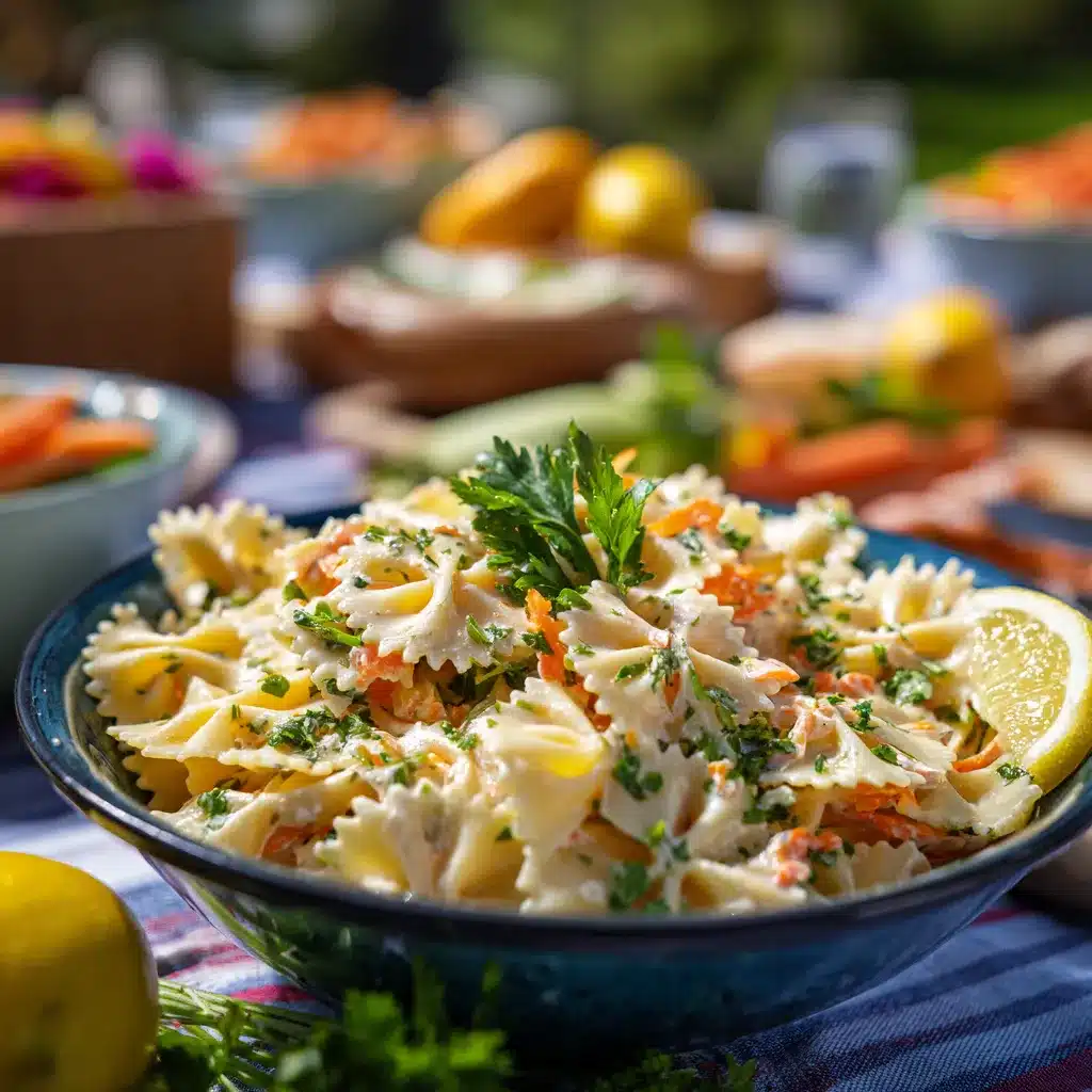 Served bow tie pasta salad on picnic table
