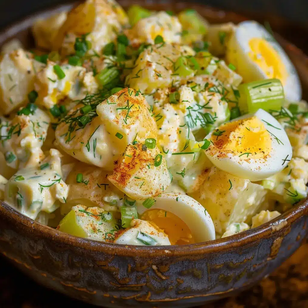 Amish potato salad recipe in rustic bowl with creamy dressing