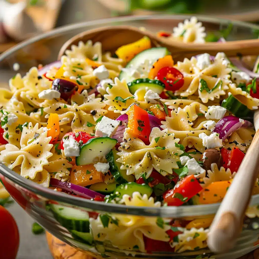 Tossing bow tie pasta salad with dressing