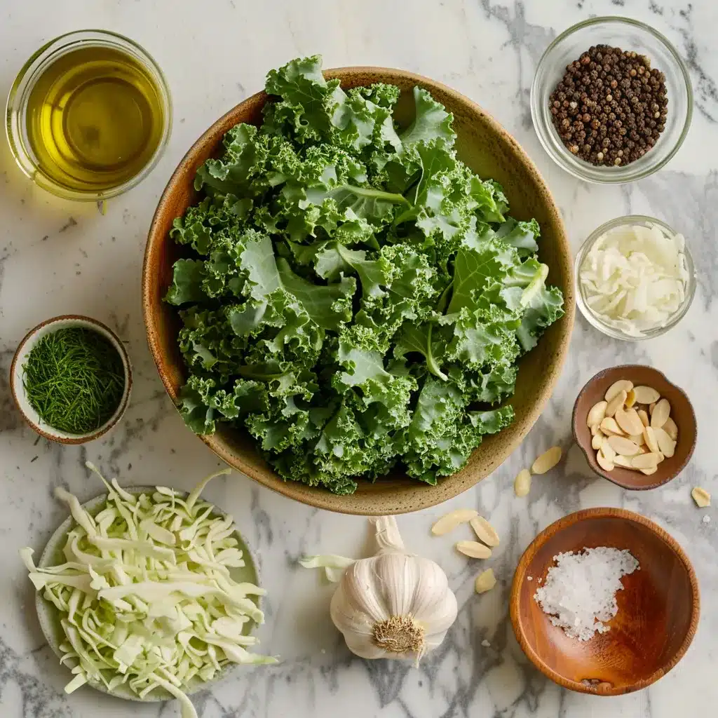 Ingredients for kale crunch salad laid out on marble