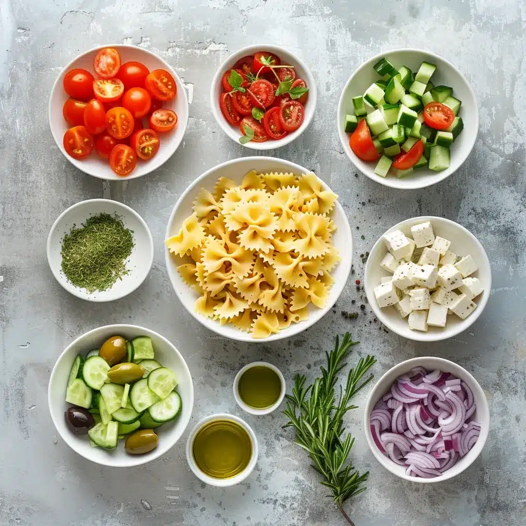 Ingredients for bow tie pasta salad laid out on a table