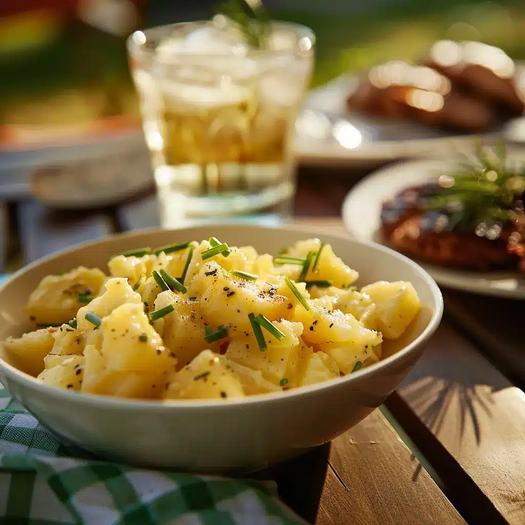 Served loaded potato salad with grilled meat at outdoor picnic