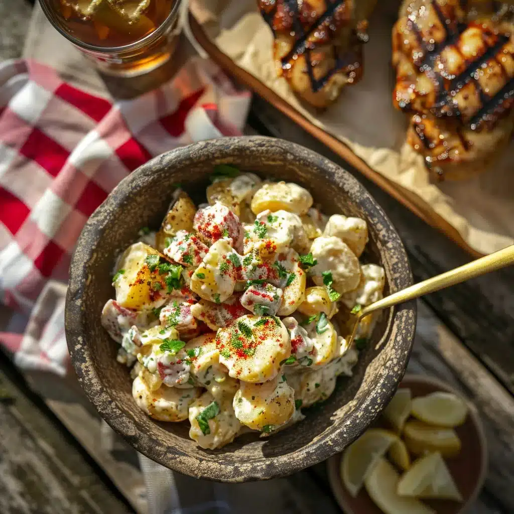 Amish potato salad recipe in rustic bowl with creamy dressing