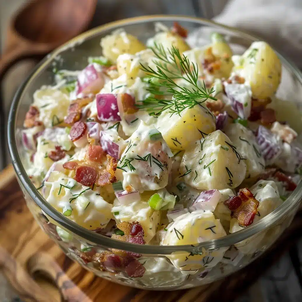 Finished loaded potato salad with recipe card layout