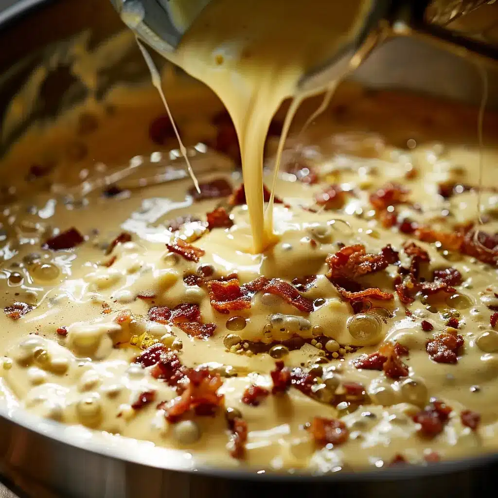 Stirring creamy bacon-cheddar dressing for potato salad