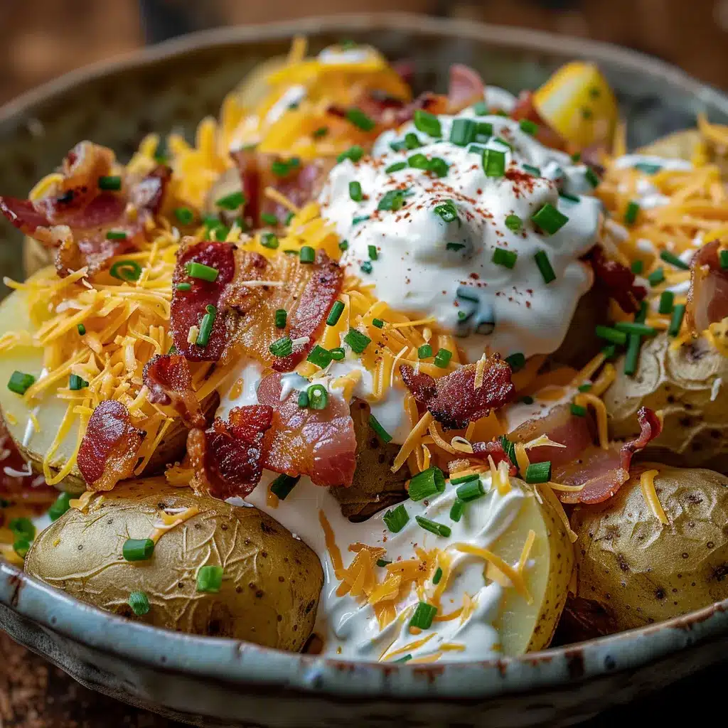 Loaded potato salad recipe in a rustic serving bowl