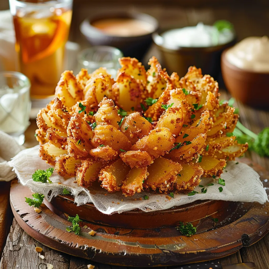 Blooming onion air fryer recipe served with dip on wooden board