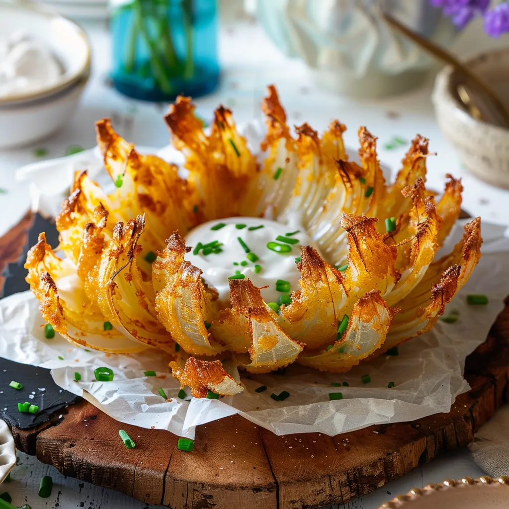 Recipe card showing blooming onion air fryer instructions