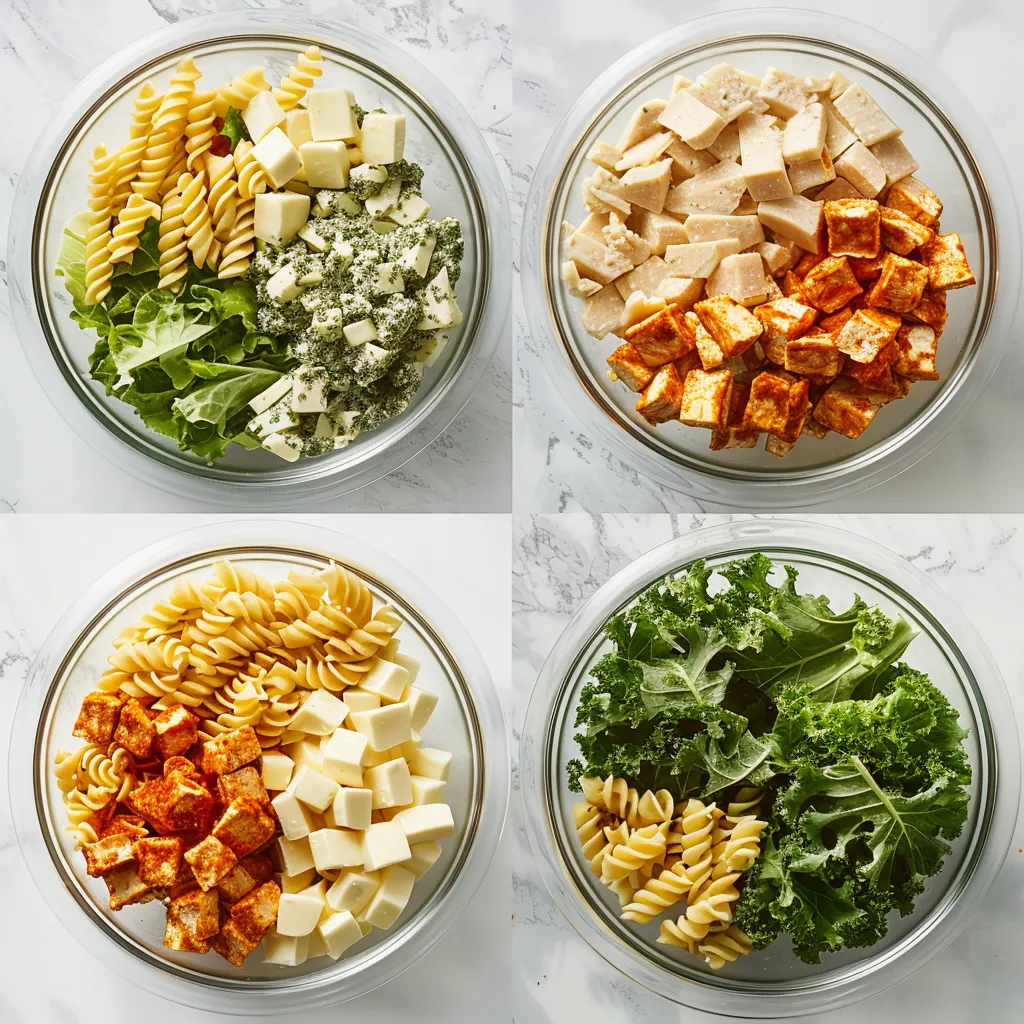 Making Caesar pasta salad by mixing pasta, lettuce, and Caesar dressing