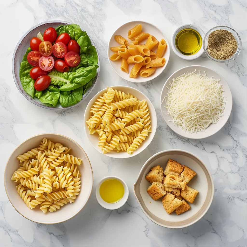 Ingredients for Caesar pasta salad recipe laid out on countertop