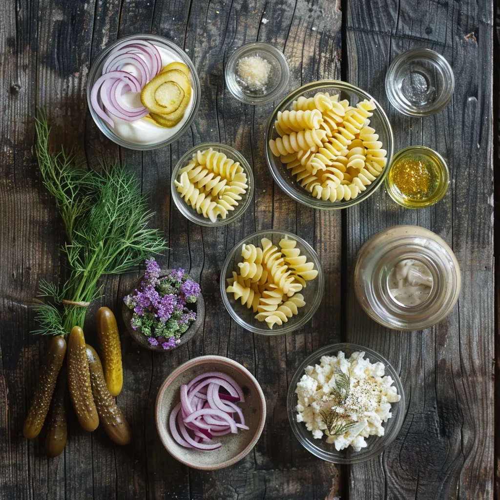 Dill pickle pasta salad recipe ingredients laid out on wooden board