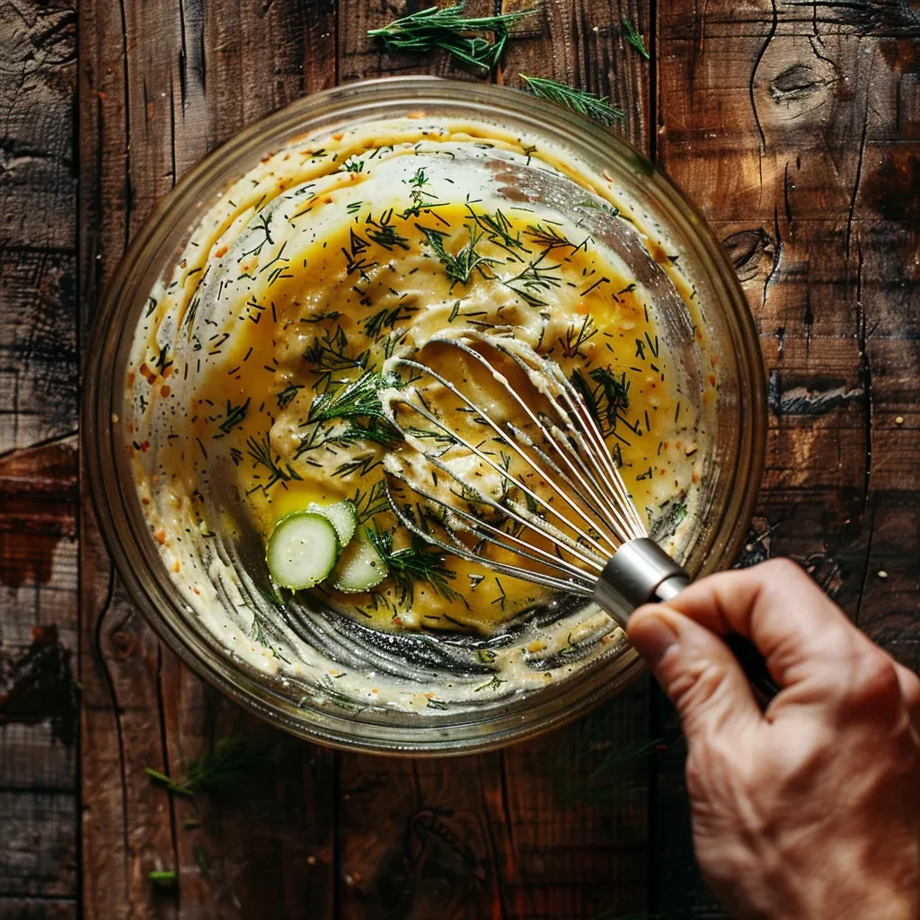 Mixing the creamy dressing for dill pickle pasta salad recipe