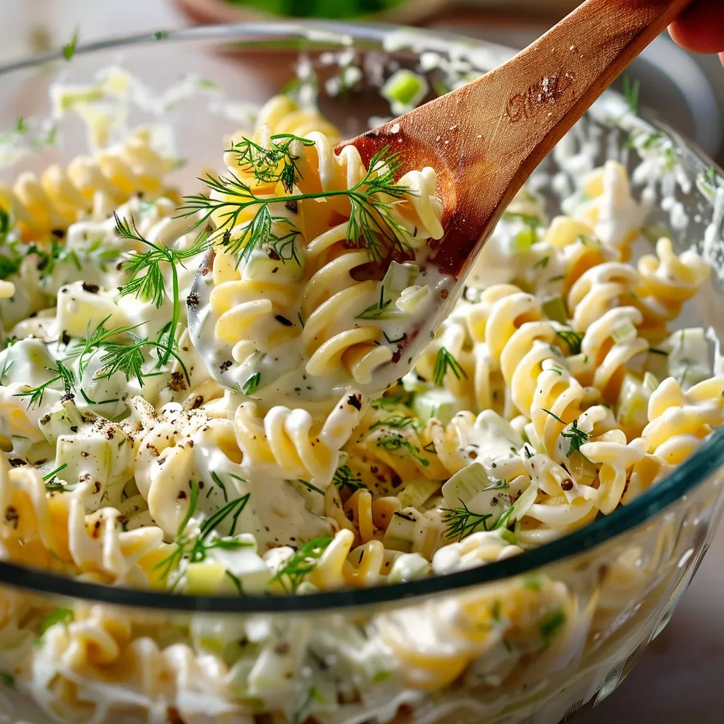 Tossing dill pickle pasta salad in a mixing bowl