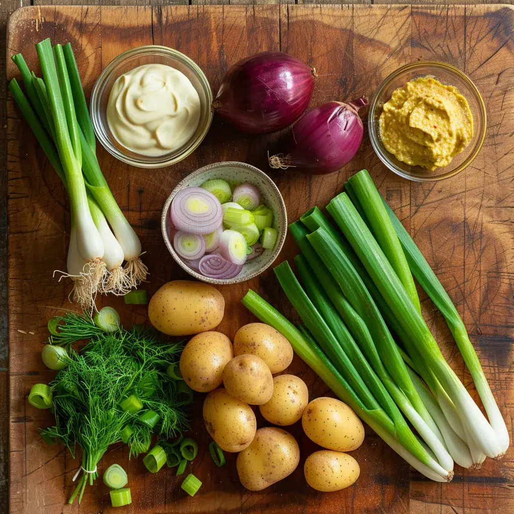 Ingredients for potato salad recipe no egg laid out on a counter