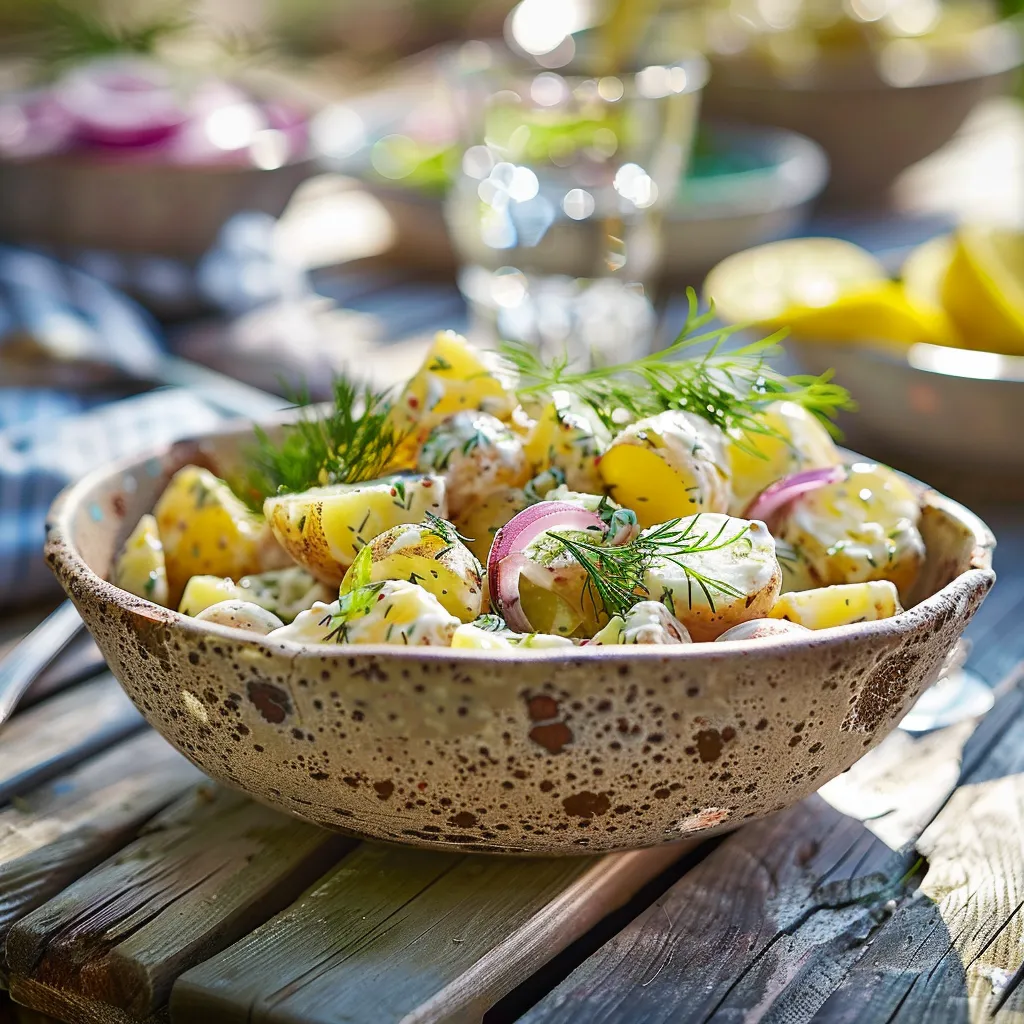 Potato salad recipe no egg served in bowls at picnic
