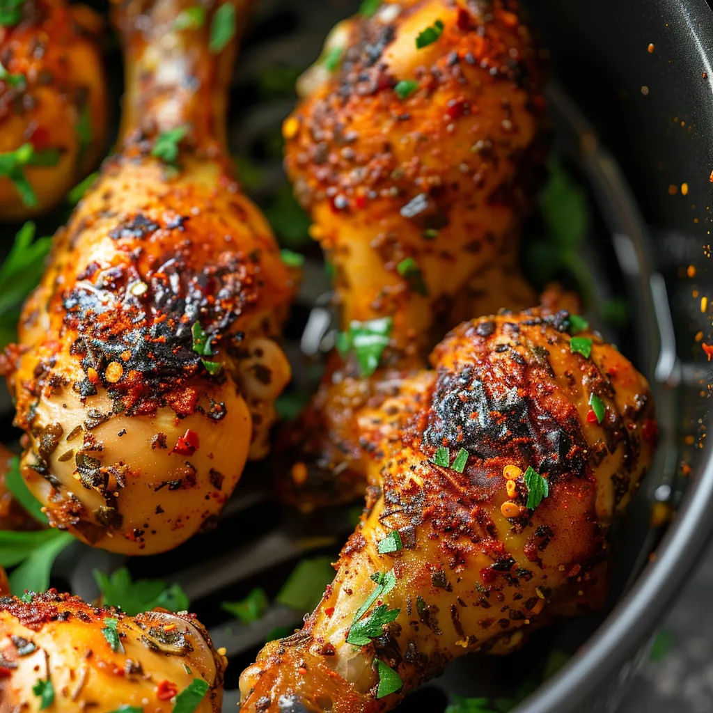 Seasoned drumsticks in air fryer basket
