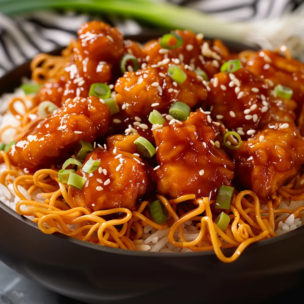 Crispy Honey Garlic Chicken with Noodles & Rice