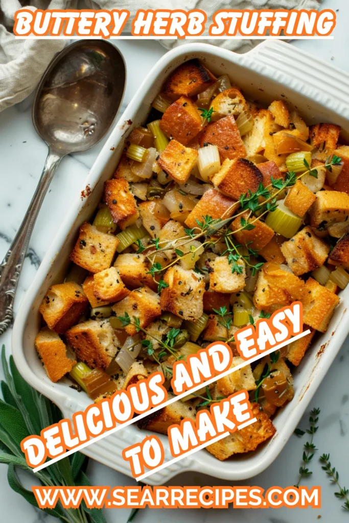 Buttery herb stuffing recipe baked in a white dish