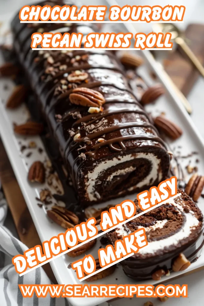 Chocolate bourbon pecan Swiss roll recipe with ganache and caramel