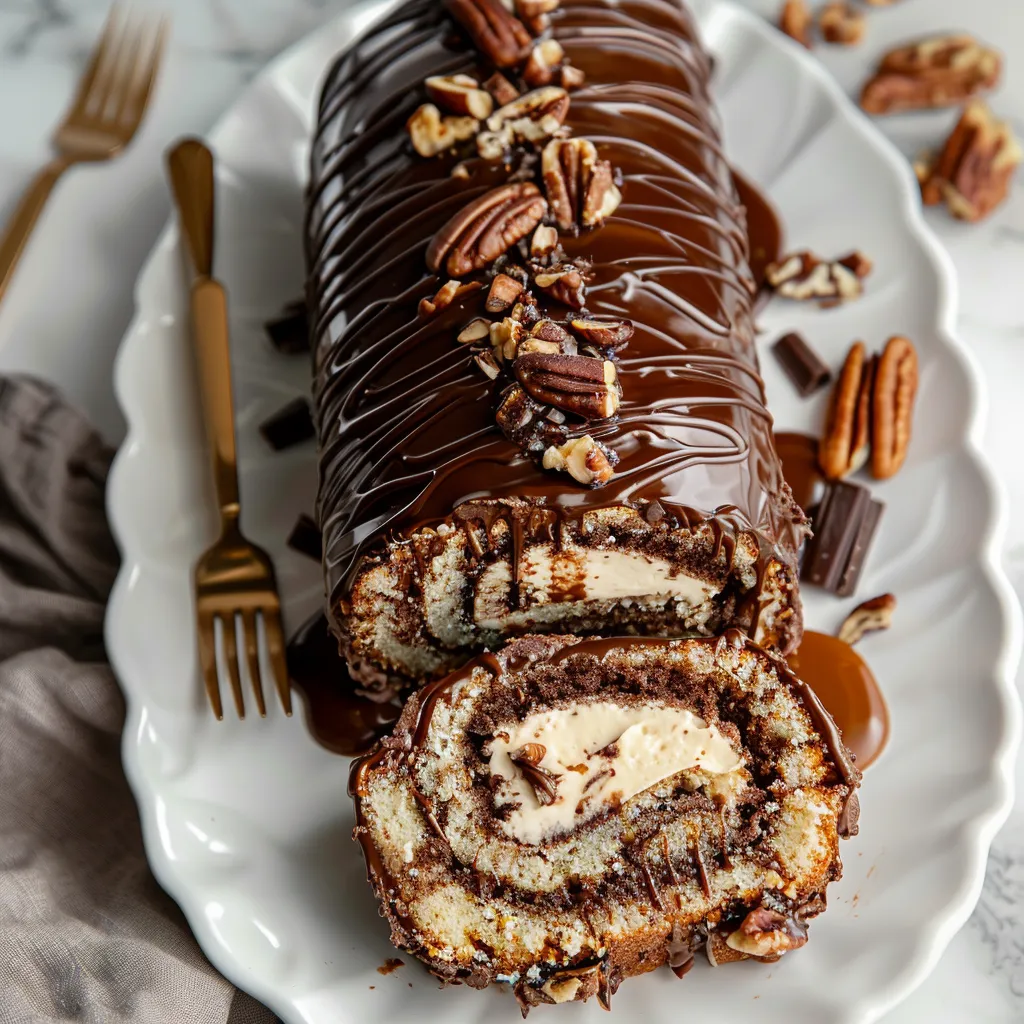 Decadent Chocolate Bourbon Pecan Swiss Roll with Ganache and Caramel