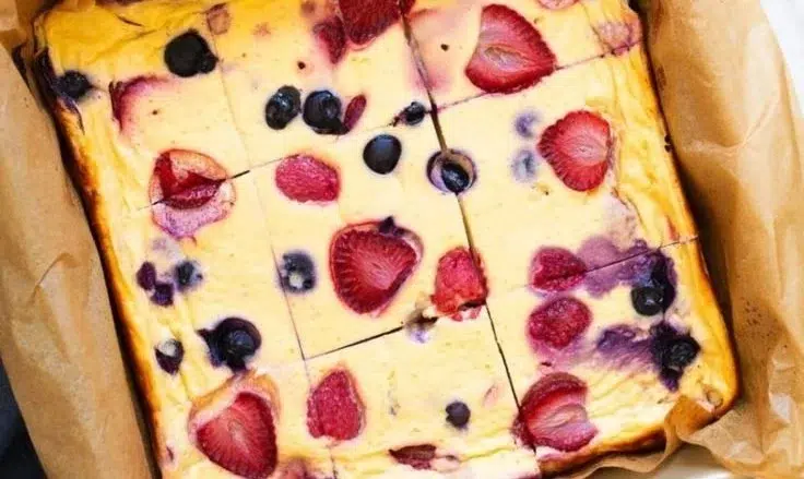 Delicious homemade baked yogurt topped with fruits and nuts