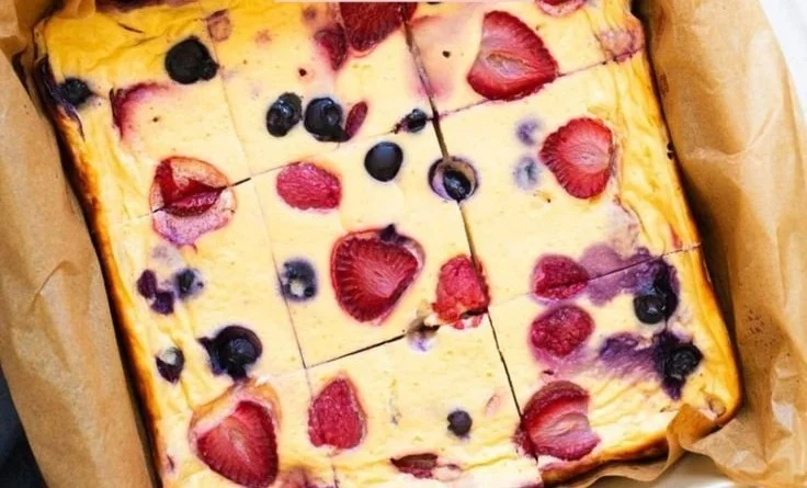 Delicious baked yogurt dessert topped with fruits and nuts