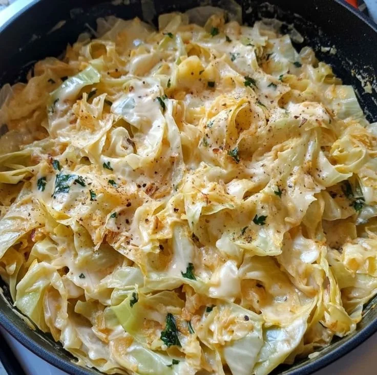 Plate of Cabbage Alfredo topped with parsley and parmesan cheese