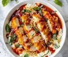 Chicken Parm Cottage Cheese Bowl featuring chicken, cheese, and marinara sauce