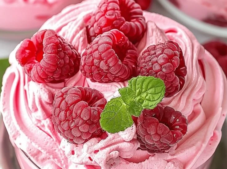 Delicious cottage cheese raspberry mousse served in a glass